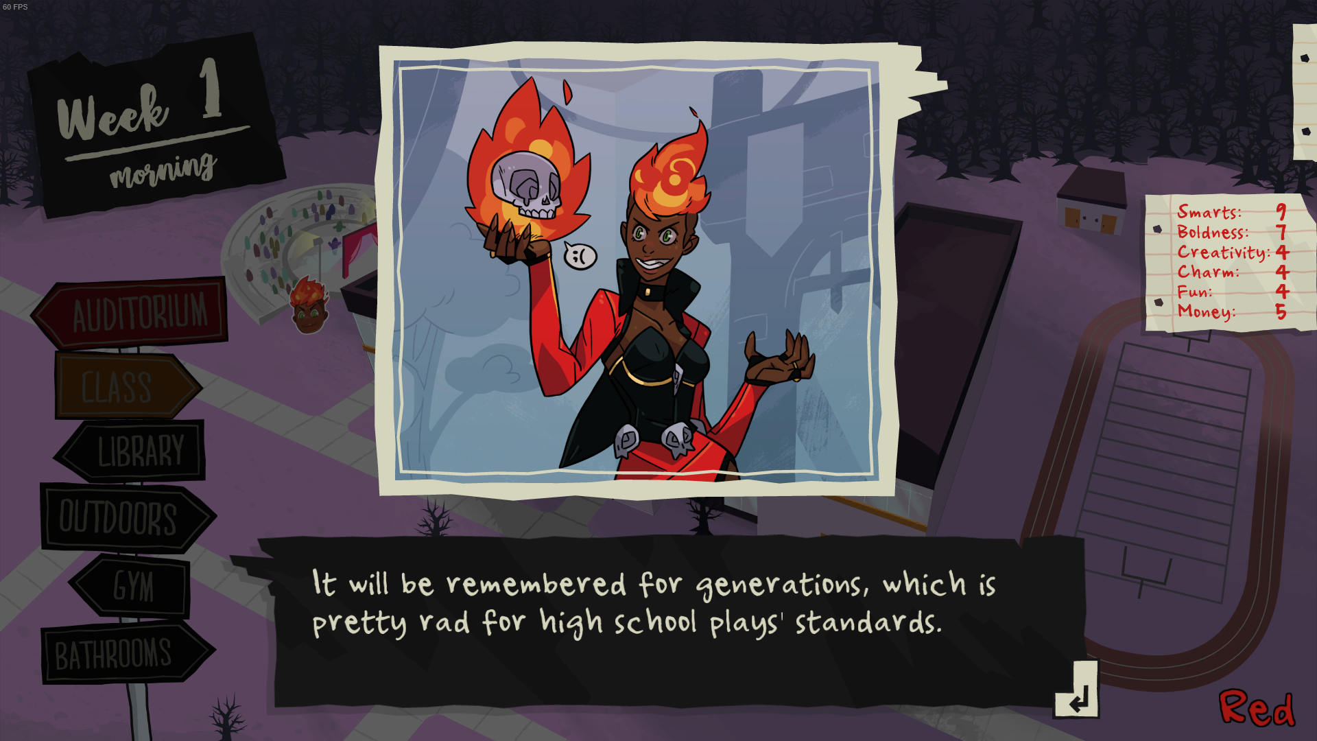 A scene from the game where a monster with flame in her hands talks to the player about her opinions.