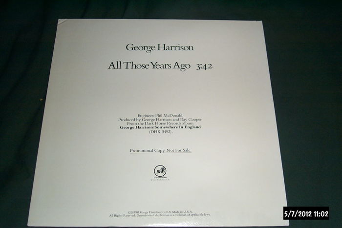 George Harrison - Promo 12 Inch Single All Those Years ...