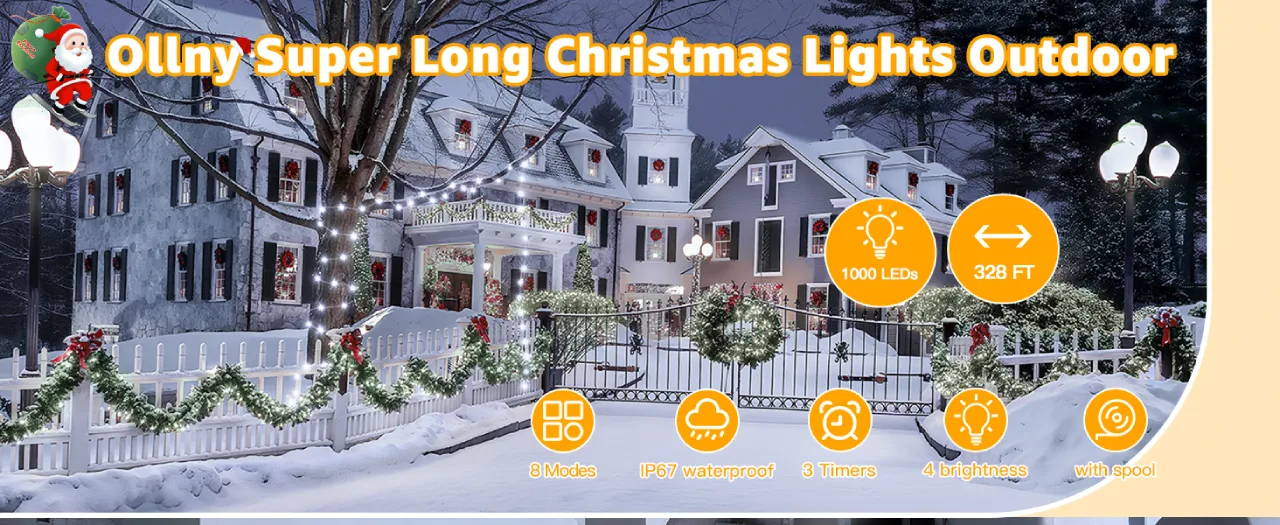 Features of Ollny's 800 leds clear cable cool white string lights - desktop size