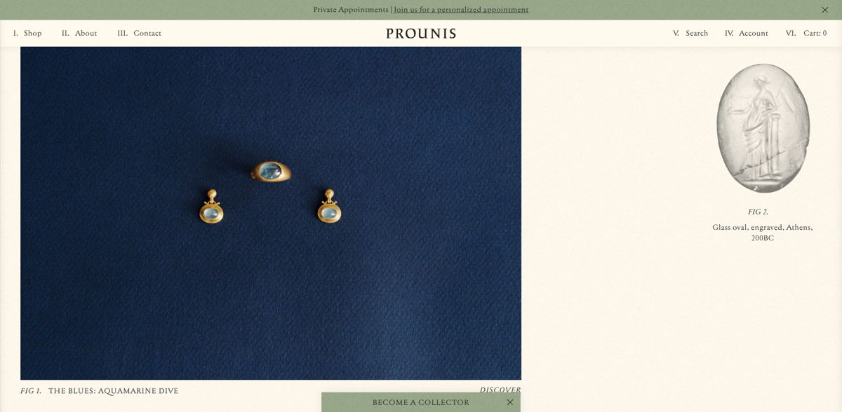 Screenshot of Prounis Jewelry, from the shopify jewelry stores collection.