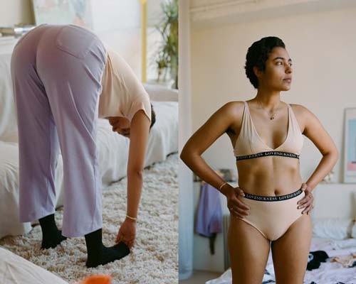 Woman wearing pale lavender ribbed wide leg organic cotton trousers with nude coloured t-shirt and black socks and woman wearing matching bra and brief set with By Signe branding
