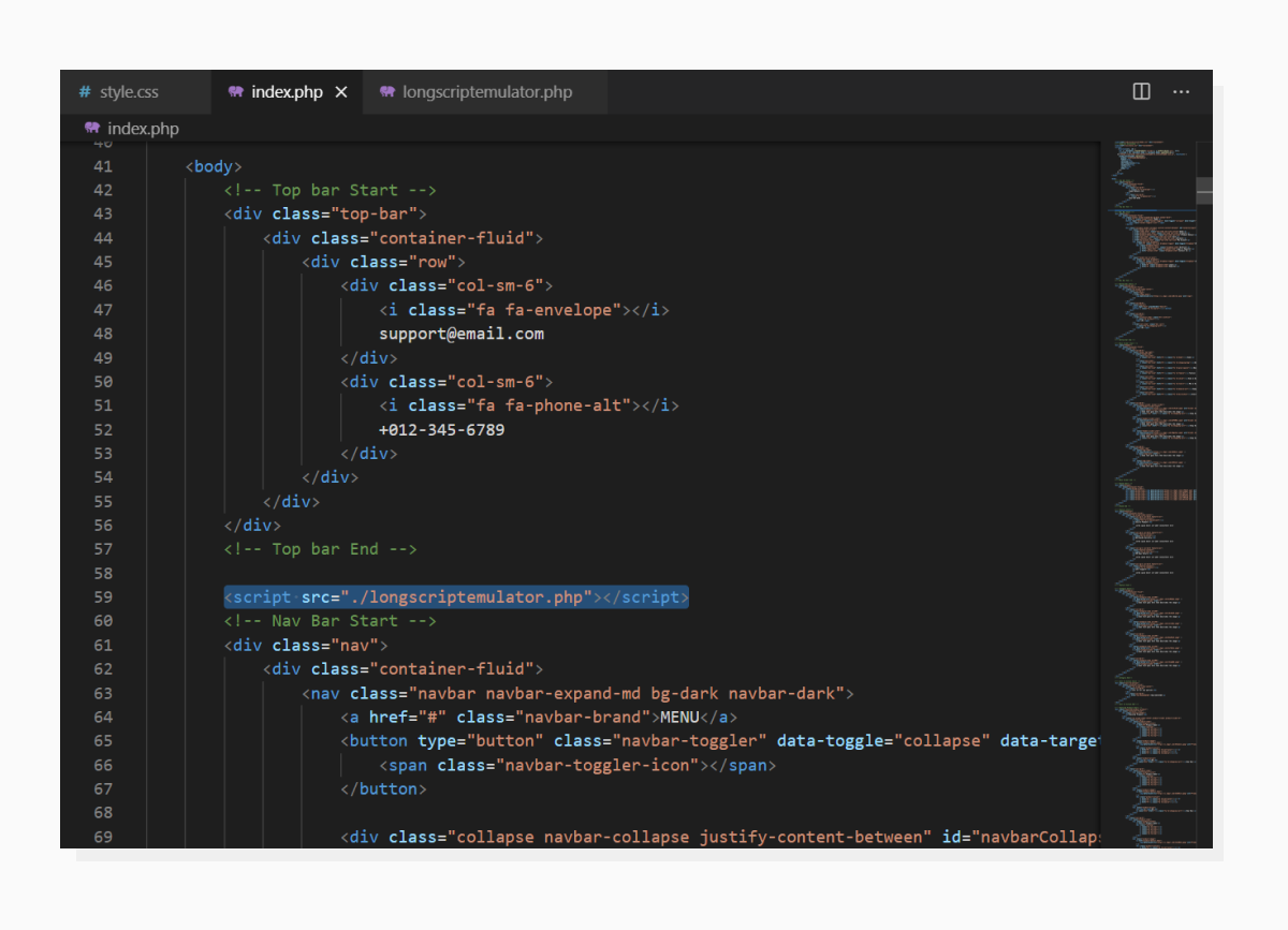 A piece of the example webpage’s source code. A screenshot of render-blocking Javascript added to the top of the page