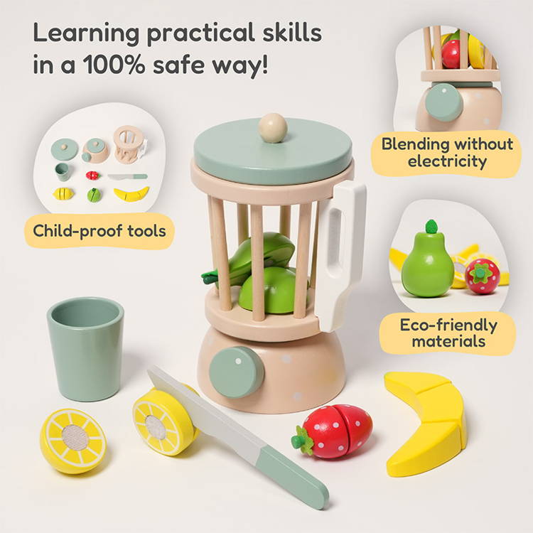 Infographic showcasing the Montessori Fruit Blender pretend play toy and its features.