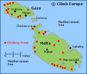 Map of the rock climbing areas of Malta and Gozo