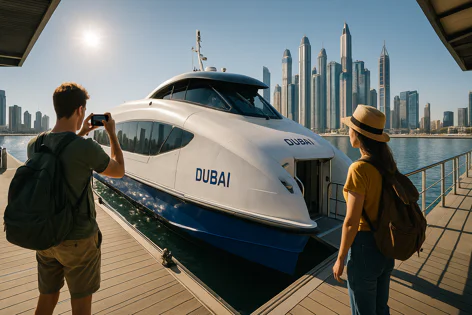 Two tourists stand on a wooden pier next to a modern white and blue Dubai ferry, overlooking the stunning Dubai Marina skyline under a bright sun.