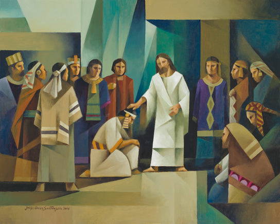Geometric painting of Jesus ordaining the twelve disciples from the Book of Mormon.