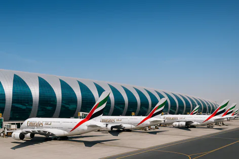 Several Emirates Airbus A380 planes parked side-by-side on the tarmac in front of a large, modern airport terminal building.