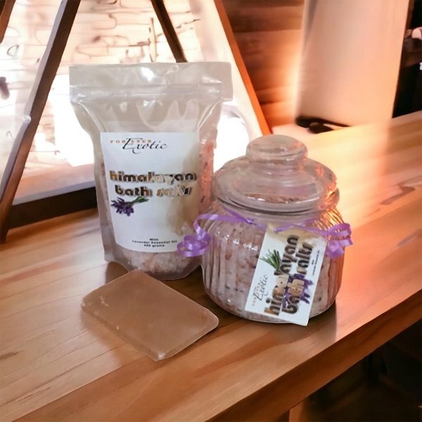 Himalayan Bath Salts Lavender Package - Includes 500g packet, Salt Soap Plus Jar