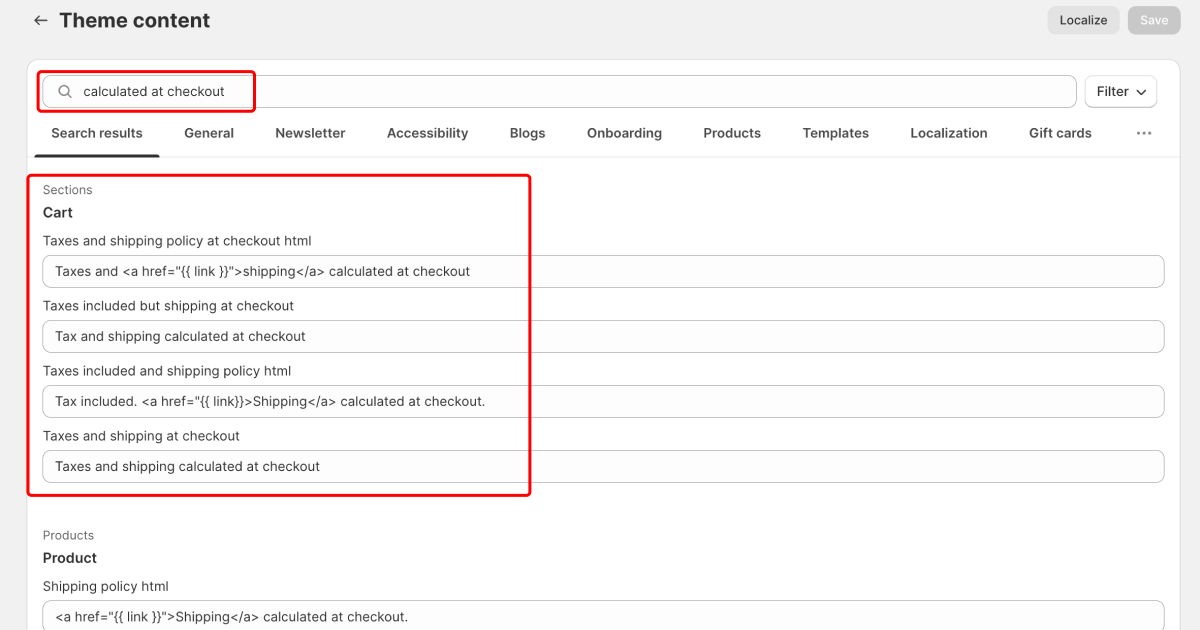 taxes and shipping calculated at checkout  on theme content