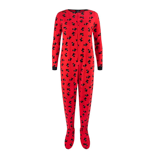 Adult Microfleece Footed Onesie in Red and Black Dogs pattern 