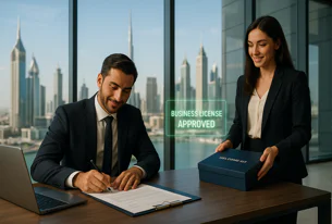 Businessman signs license agreement at a desk in a Dubai office. A woman presents a welcome kit box. "Business License Approved" text overlays the view of the city skyline.