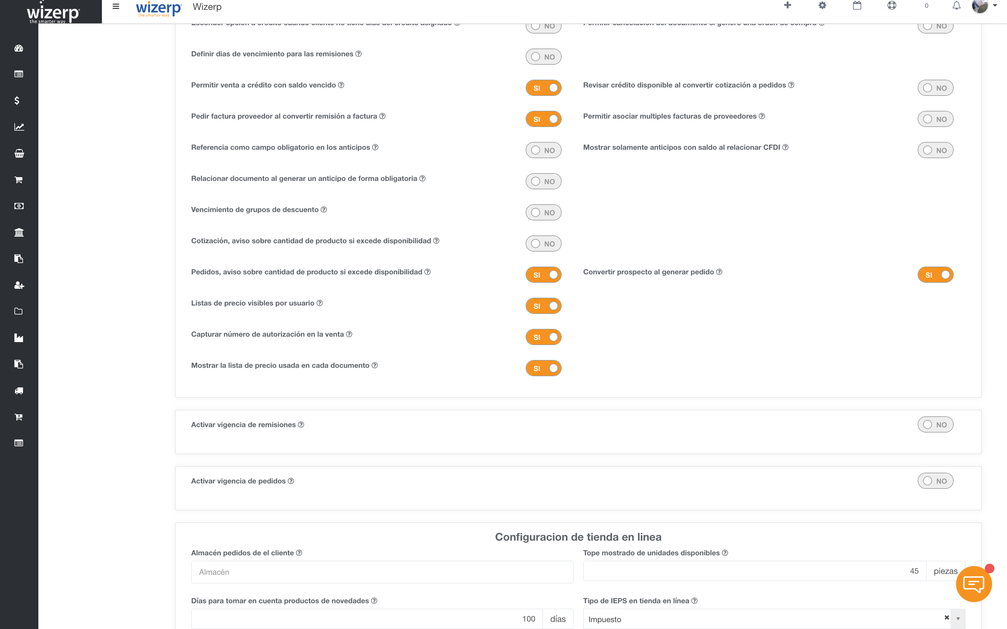 Configuraci&oacute;n, secci&oacute;n Documentos de Ventas: los interruptores Mostrar la lista de precio usada en cada documento y Capturar n&uacute;mero de autorizaci&oacute;n en la venta, encendidos