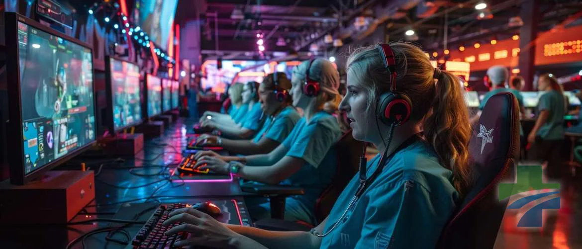 Nurses competing in a vibrant and technologically advanced eSports arena.