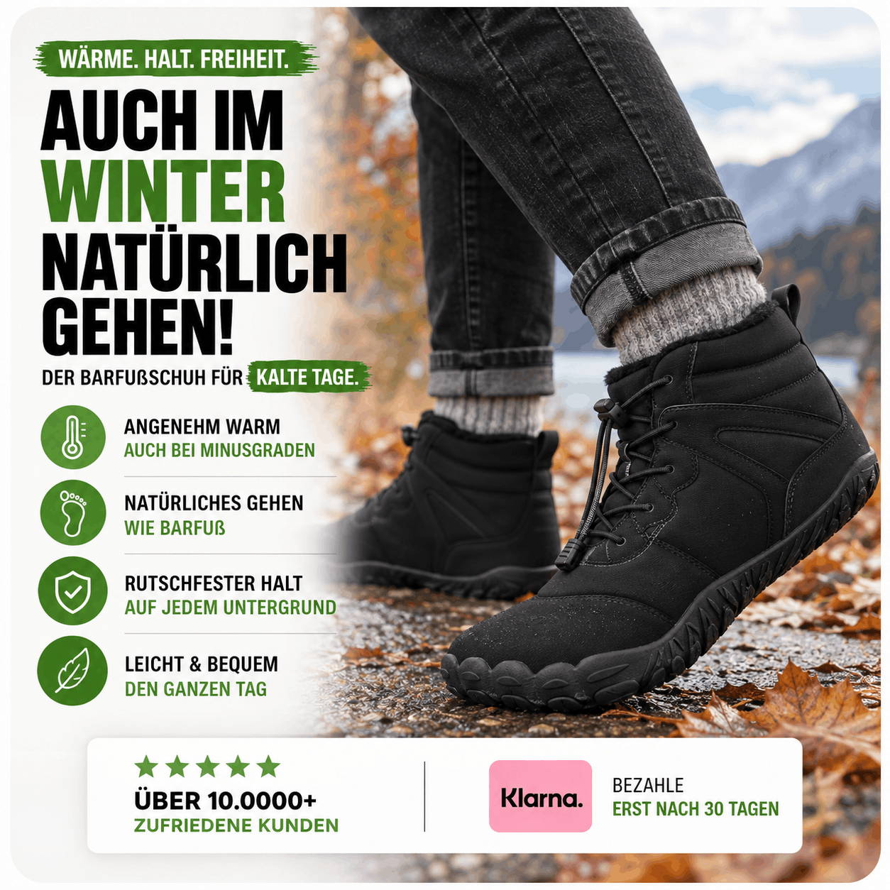 Abbildung von Füßen einer Person, welche Winter-Barfußschuhe trägt