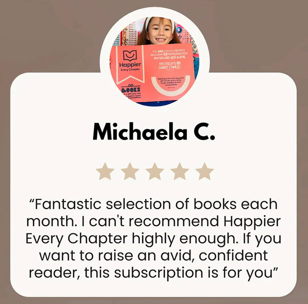 Girl holding up a Happier Every Chapter  box with a review for Happier Every Chapter Thought Leaders book box