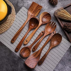 Wooden Non-Stick Kitchen Pan Toolset 7 Pieces Set,100%Natural Teak Kitchen Utensils Spatula, Wooden Cooking Utensils Spoons, Fried Spatula and Salad Fork