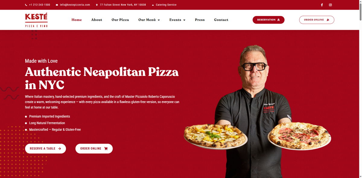 Screenshot of Kesté Pizzeria, from the pizza place websites collection.
