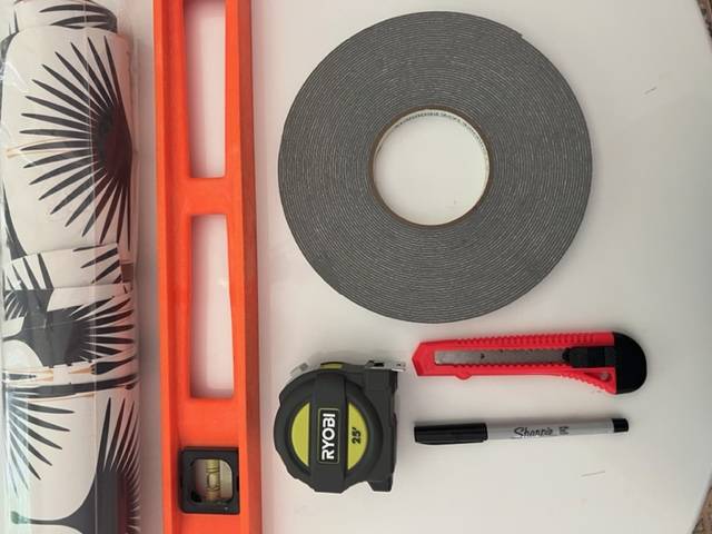 Supplies you'll need for lining drawers with wallpaper
