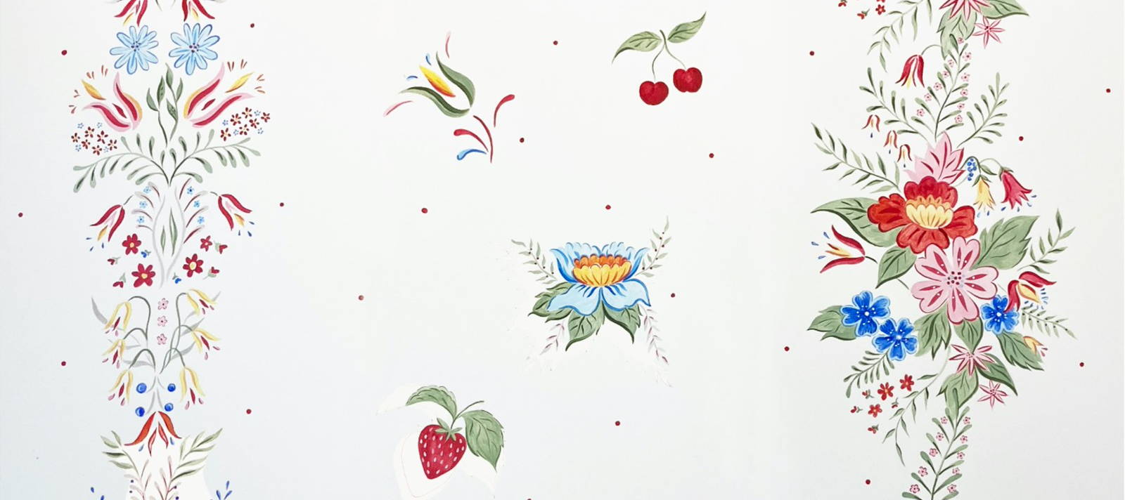 A snapshot of Tess Newall's bespoke hand painted wallpaper for YOLKE's exclusive Christmas pop-up at Liberty