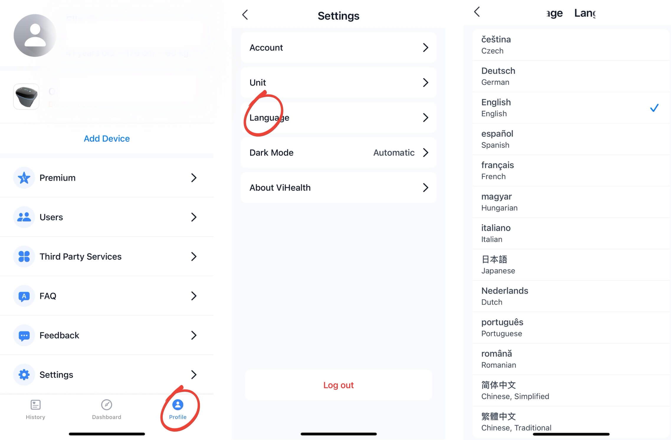 Sélection de la langue et menu des paramètres de l'application ViHealth pour O2Ring