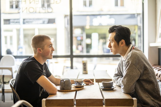 Students having coffee at a coffee shop in Huddersfield