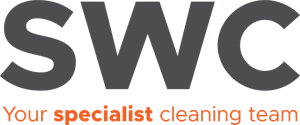 Large grey letters SWC above the phrase Your specialist cleaning team in smaller text, with specialist highlighted in orange and the rest in grey, on a light background.