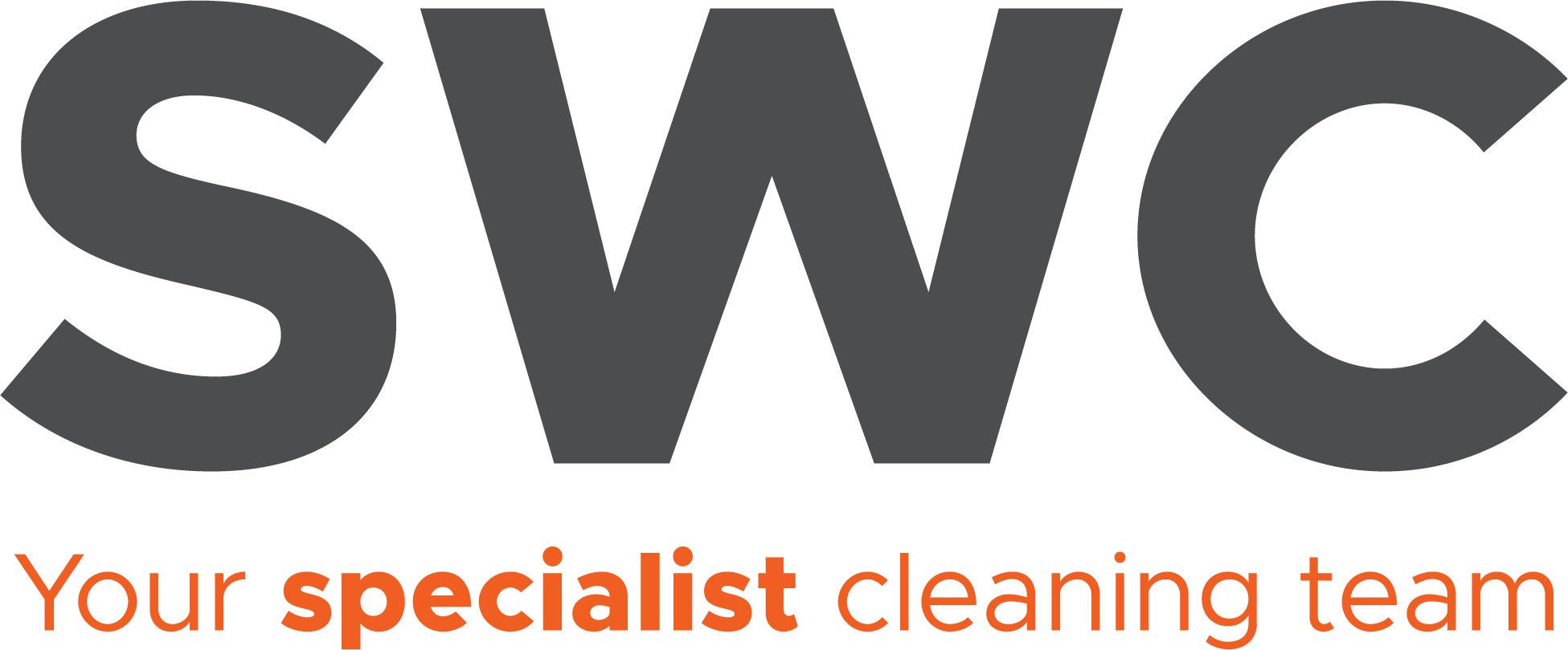 Large grey letters SWC above the phrase Your specialist cleaning team in smaller text, with specialist highlighted in orange and the rest in grey, on a light background.