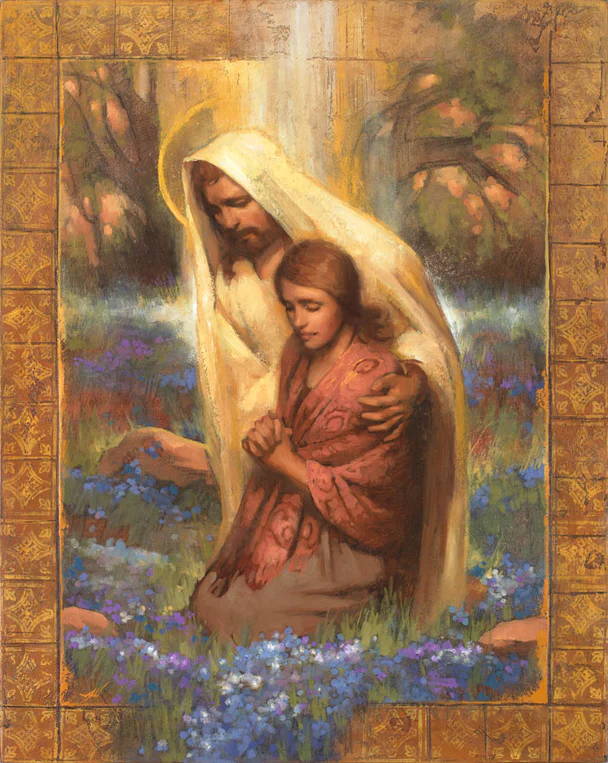 Jesus comforting a woman kneeling in a field of flowers.