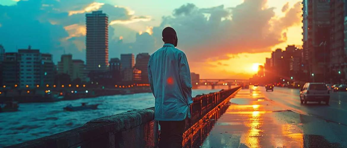 Healthcare professional symbolizes global impact, standing on a bridge over a bustling city.