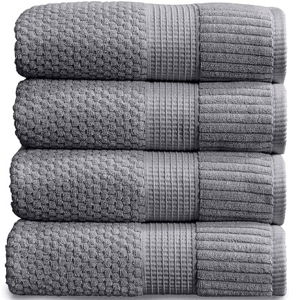 NY Loft 100% Cotton Bath Towel 4 Pack | Super Soft & Absorbent Quick-Dry Bath Towels 30" x 52" | Textured and Durable Cotton | Trinity Collection (4 Pack Bath Towel, Charcoal Grey)