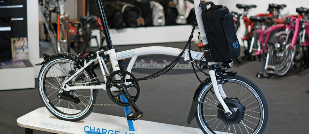 Brompton electric folding bike on display