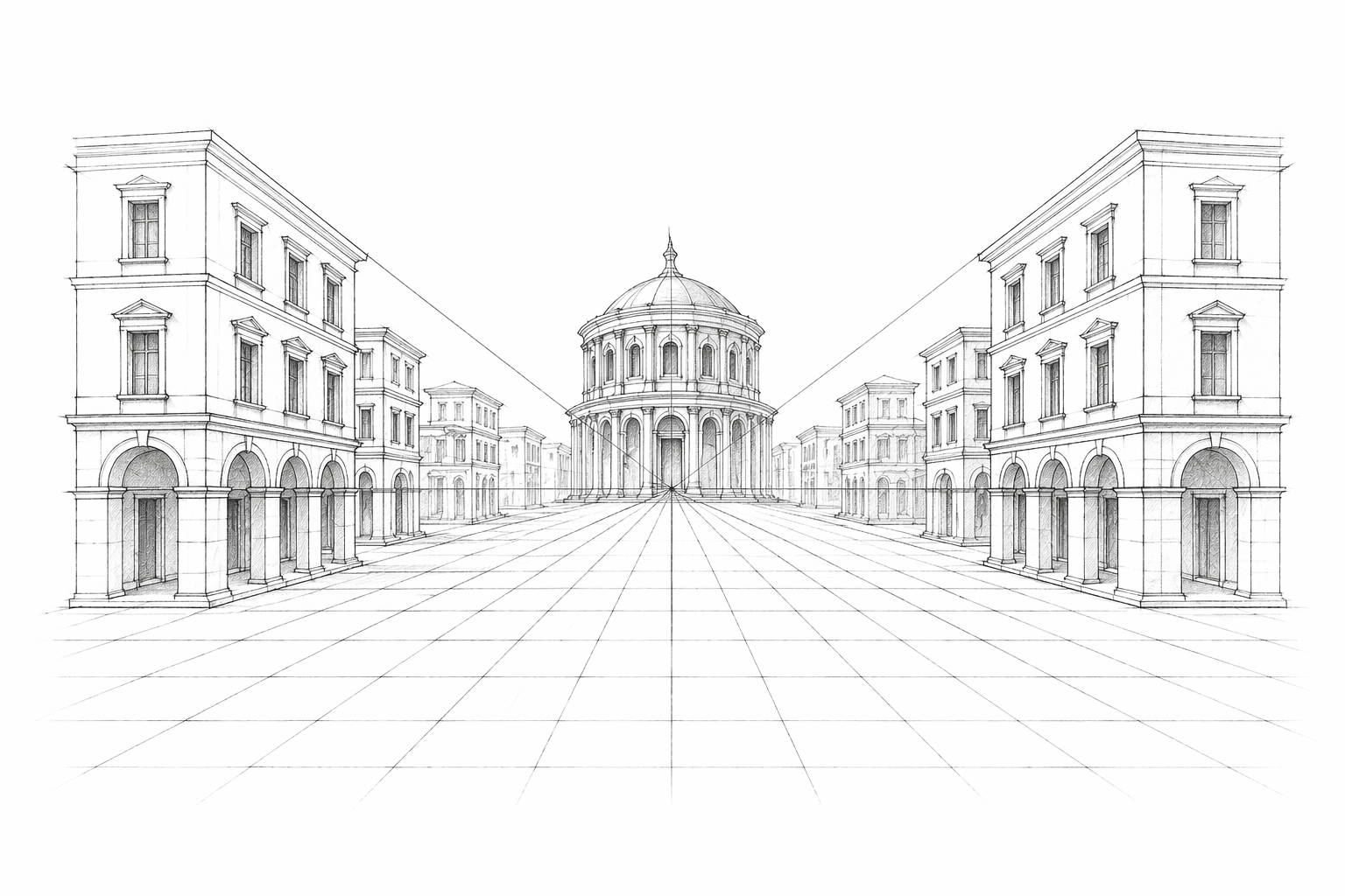 Perspective drawing of neoclassical city architecture, illustrating depth and geometric composition