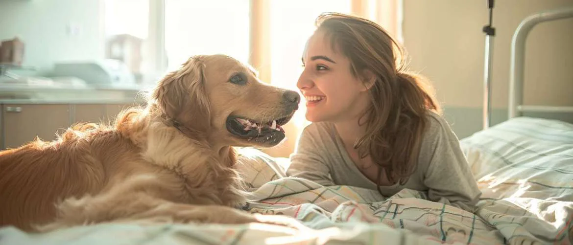 Therapy dog providing comfort to a smiling patient in a hospital.
