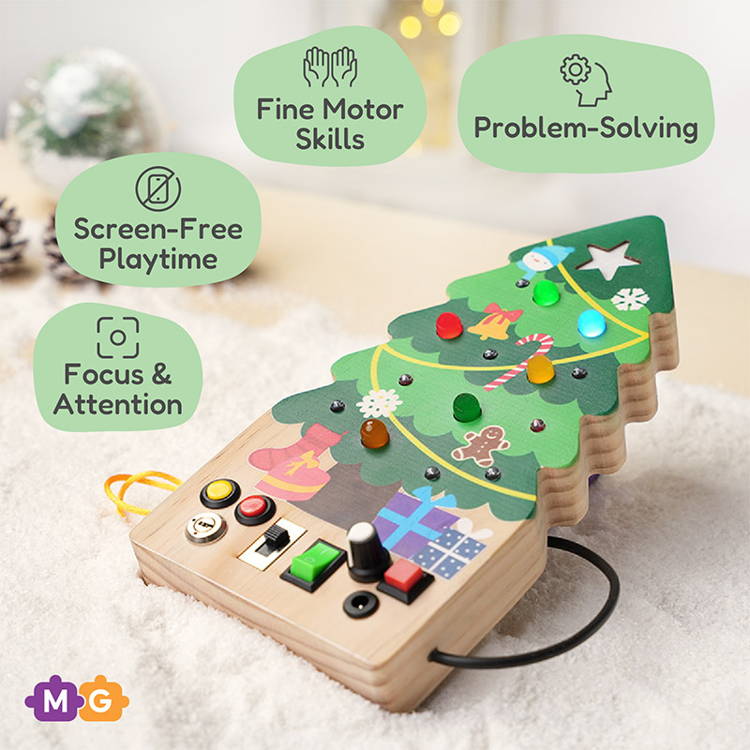Infographic showcasing benefits of the Montessori Christmas Switch Board.