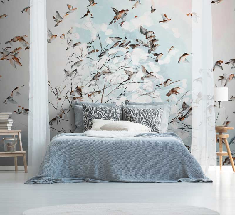 Blue & White Modern Scandinavian Bird Wall Mural - Feathr Wallpapers