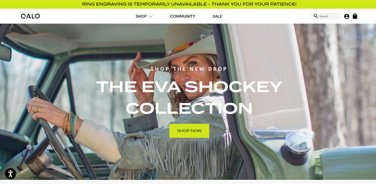 Screenshot of QALO, from the shopify jewelry stores collection.