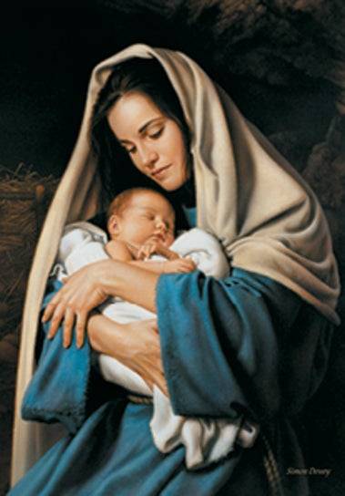 Mary holding baby Jesus close.