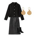black cropped jacket with black leather skirt and gold filigree earrings