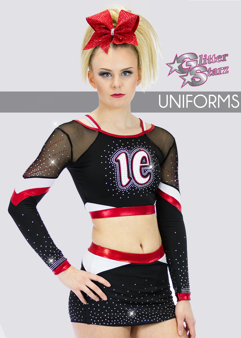glitterstarz custom team uniforms for cheer and dance with rhinestone logo bling metallic fabrics