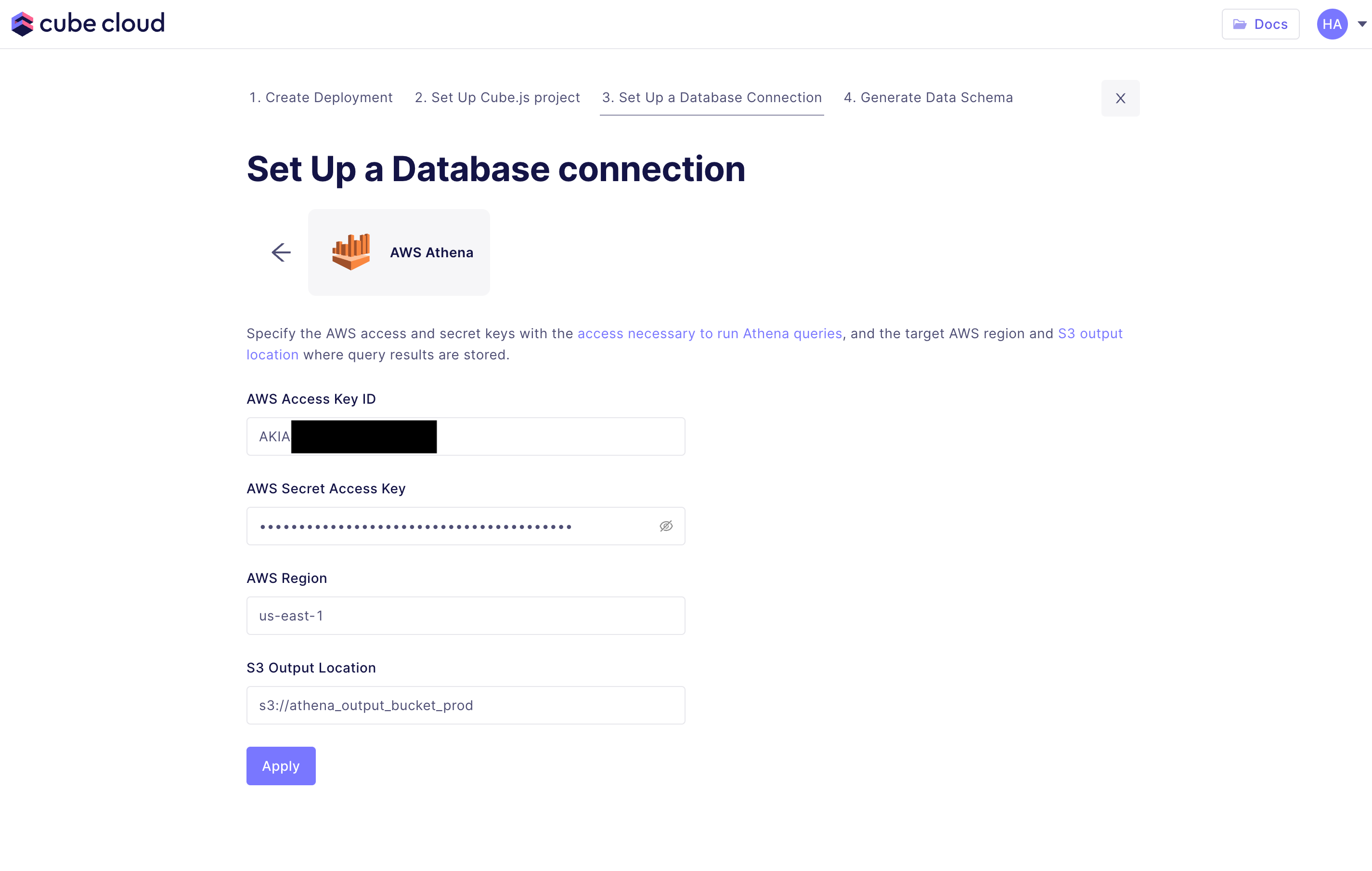 Cube Cloud AWS Athena Configuration Screen