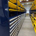 Industrial Shelving with Drawers blue and yellow