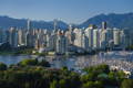 View of Vancouver B.C showing the city, ocean and mountains.