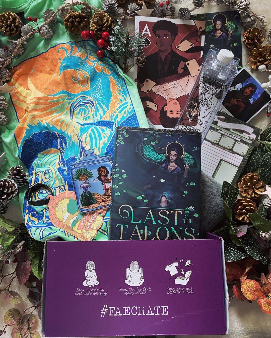 Janaury 2020 Spellbound box theme includes Sorcery of Thorns "Sir Fluffington" Pin, Magical Creatures Keychain, Fillory and Further Notebook, Wishing Tree Tea Towel, Parabatai Rune Sleeve, Six of Crows Polaroid, Hecate Magnus Bane Art, Chronicles of Narnia Shirt (Solitary and Seelie Crates only), E-Book Download of When Wishes Bleed by Casey L. Bond, and Spell Hacker by M. K. England. 