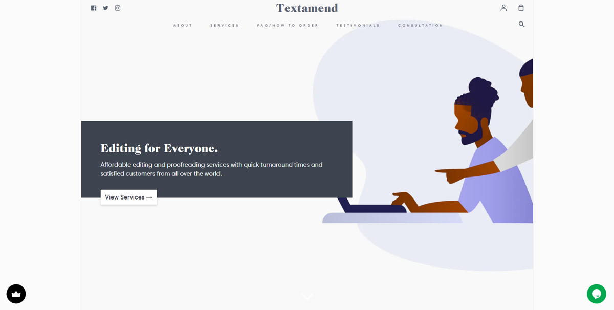 Screenshot of Textamend, from the copywriting portfolios collection.