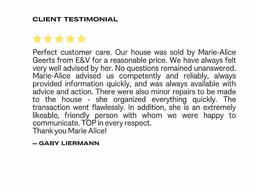  Benidorm, Costa Blanca
- Perfect customer care. Our house was sold by Marie-Alice Geerts from E&V for a reasonable price. We have always felt very well advised by her. No questions remained unanswered. Marie-Alice advised us competently and .png