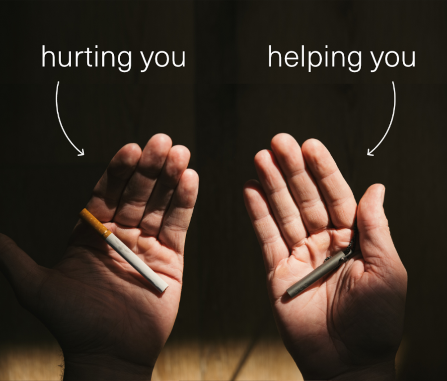 Two open palms, one holding a cigarette labelled hurting you, one holding the Shift labelled helping you