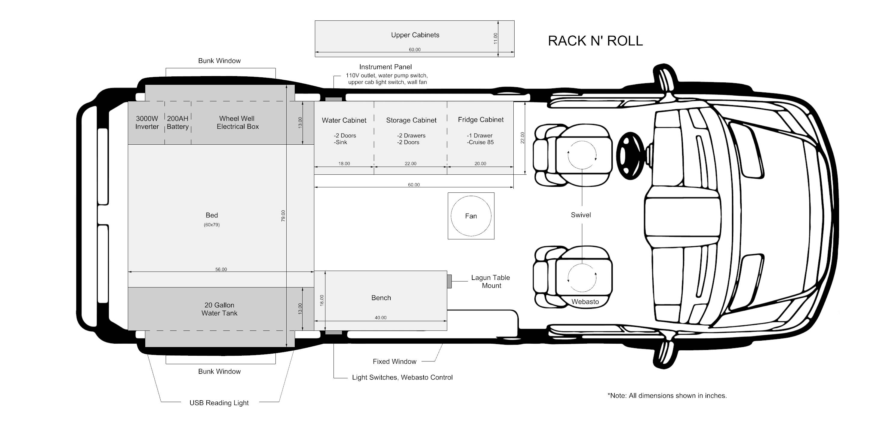 Rack & Roll - Sprinter 144 Conversion Layout and Floor Plan - The Vansmith