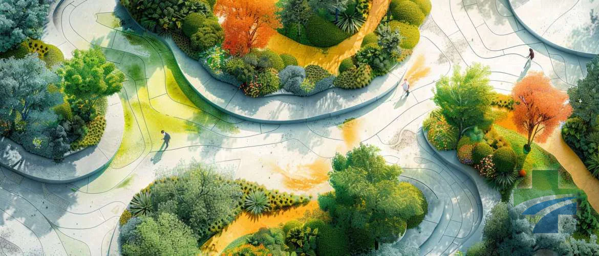 Overhead illustration of a vibrant therapeutic garden integrated within a hospital.