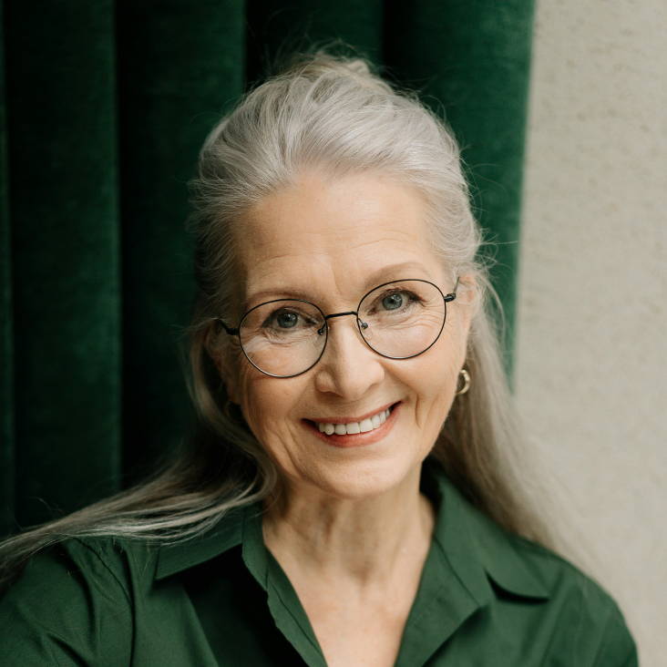 woman with grey hair and glasses with her hair half up