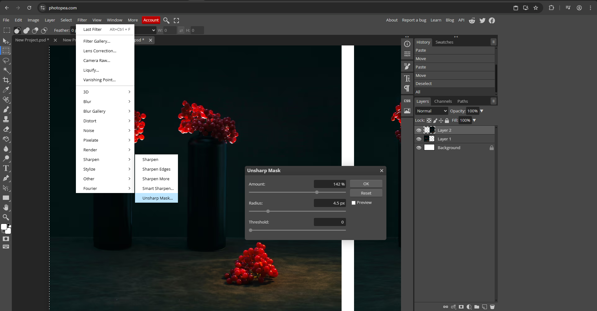 Photopea interface with “Unsharp Mask” dialog open